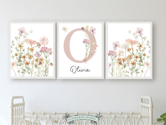 Our gorgeous wildflower nursery prints with watercolour butterfly’s and personalised name and letter, is one of our BEST SELLING nursery prints, and are perfect as a custom nursery print set for your new baby or as a unique baby shower gift.