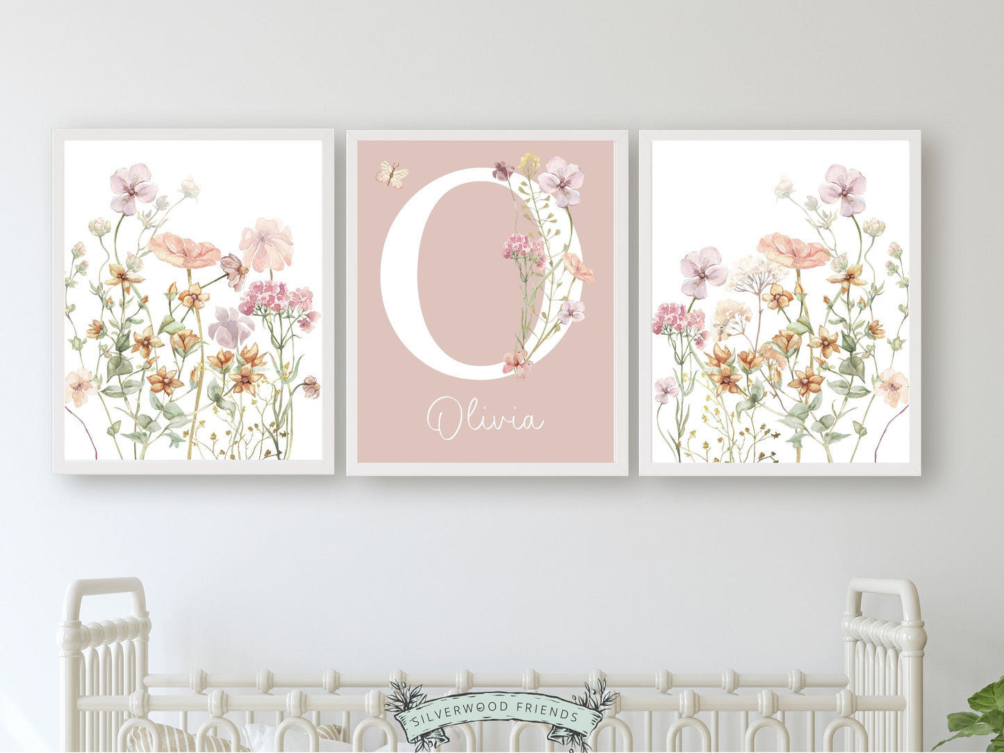 custom wildflower nursery prints with watercolour butterflies are part of our BEST SELLING wildflower collection, and are perfect as a custom nursery print set for your new baby or as a unique baby shower gift.