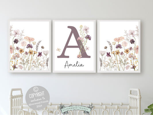 Our gorgeous custom wildflower nursery name prints with watercolour pink and purple wildflowers are part of our BEST SELLING wildflower collection