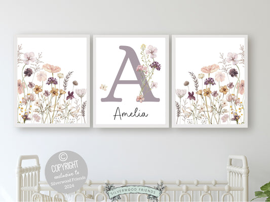 Our gorgeous custom wildflower nursery name prints with watercolour pink and purple wildflowers are part of our BEST SELLING wildflower collection