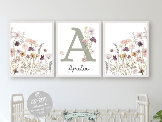 Our gorgeous custom wildflower nursery name prints with watercolour pink and purple wildflowers are part of our BEST SELLING wildflower collection