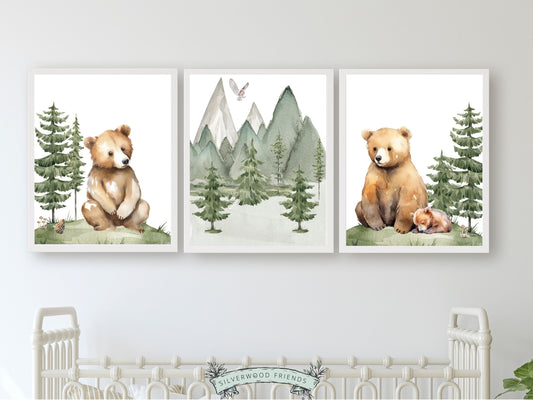 Our cute Set of 3 Forest Bear Nursery Prints featuring watercolour bears surrounded by woodland forests is the perfect addition to your baby's woodland nursery decor or nature themed nursery decor and makes a unique baby shower gift.