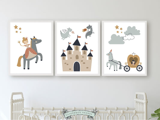 Our delightful Set of 3 Fairytale Nursery Prints features charming illustrations of a princess riding a horse, princess in a carriage and a fairytale castle with flying dragons. These fairytale nursery prints will add a touch of magic and wonder to your baby girls nursery decor.