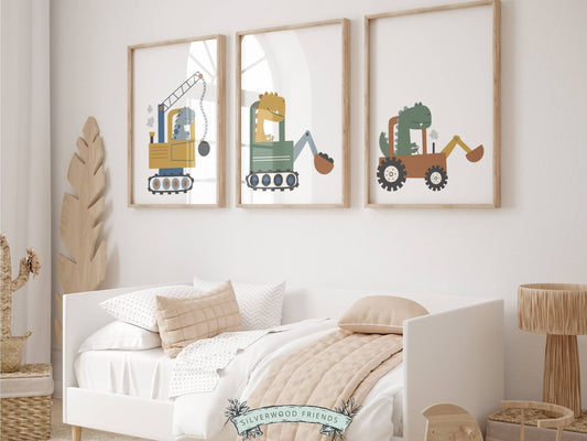 Our delightful Set of 3 Dinosaur Nursery Prints features dinosaurs on wheels - the perfect addition to any dinosaur lovers baby boys nursery room! Each print showcases a different prehistoric creature driving a different type of digger truck.