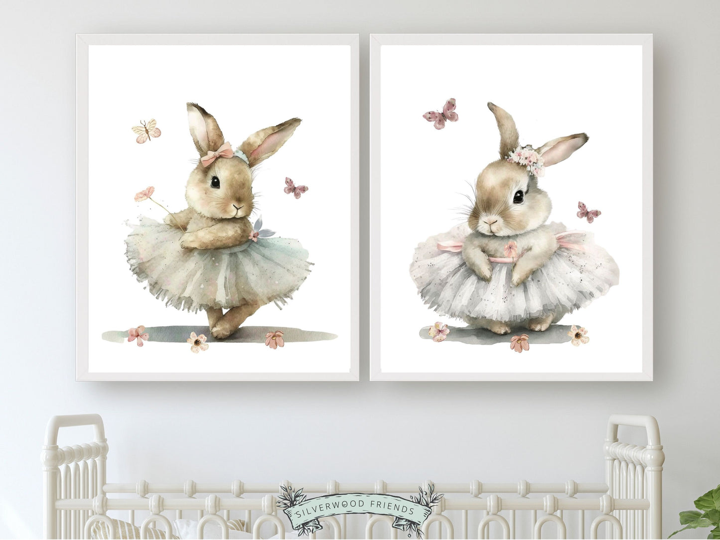 Our gorgeous Bunny Ballet Nursery Print Set of 2 with watercolor ballerina bunny rabbits, wildflowers and butterflies, is perfect for your little girls nursery decor and also makes an adorable baby shower gift.