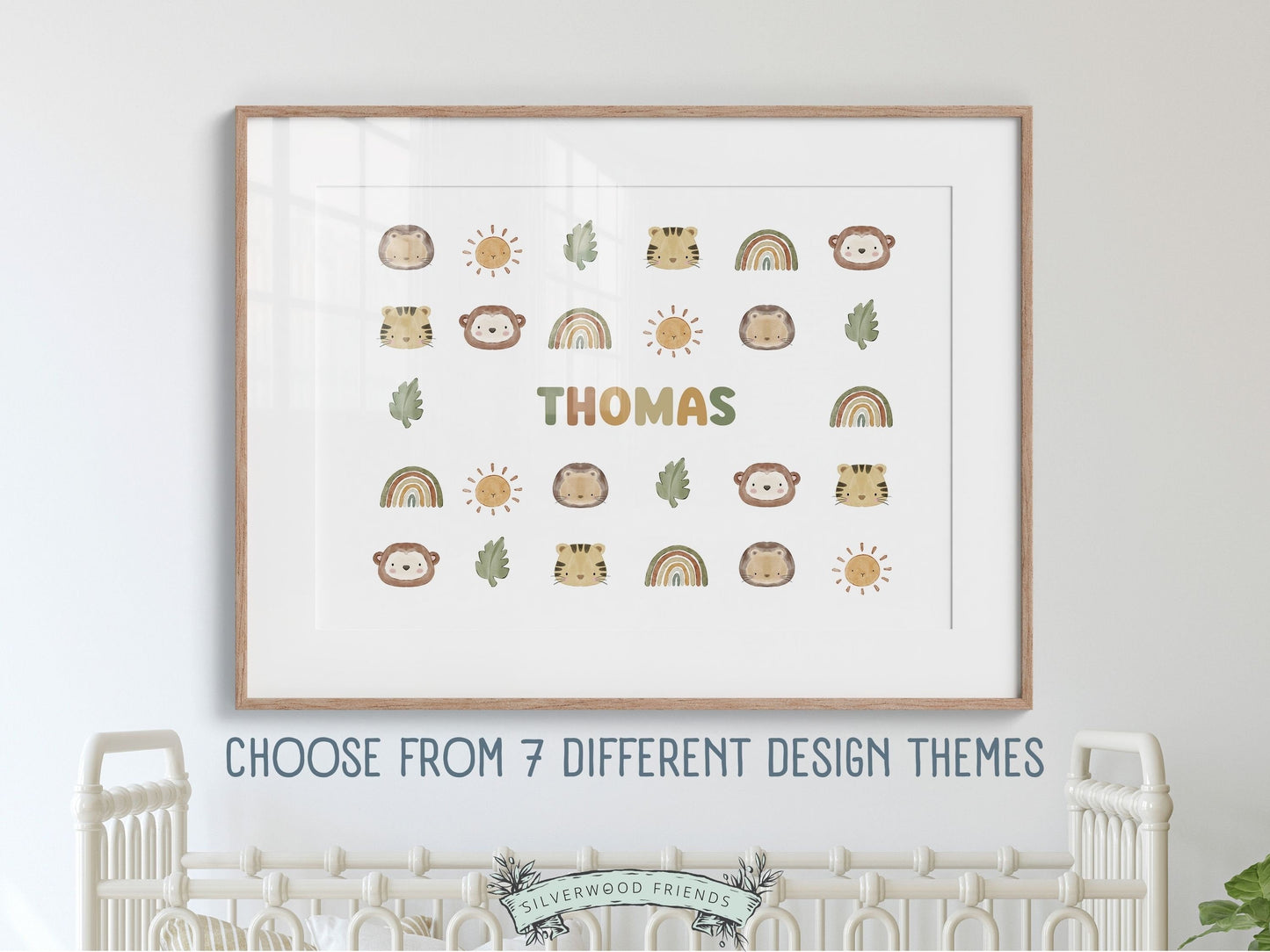 Create a personalised touch in your babys nursery with our gorgeous safari nursery name sign print. Choose your design from the list of 7 design themes and add your custom name. Perfect for your safari nursery decor or as a unique baby shower gift.