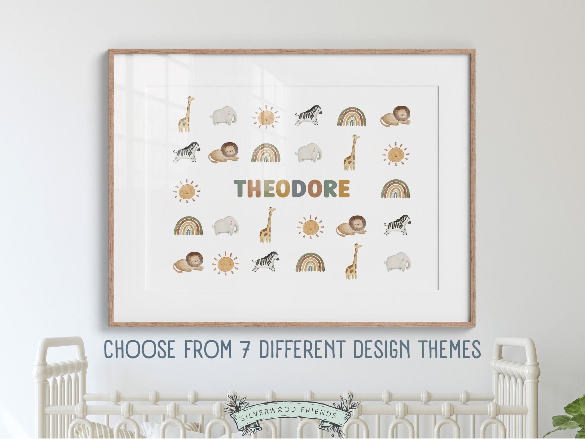 Create a personalised touch in your babys nursery with our gorgeous nursery name sign prints. Choose your design from the list of 7 design themes and add your custom name. Its perfect for your woodland nursery decor or as a unique baby shower gift.