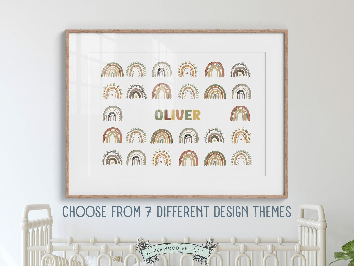 Boho Rainbow Nursery Name Sign Prints. Choose your design from the list of 7 design themes and add your custom name. Its perfect for your neutral nursery decor or as a unique baby shower gift.