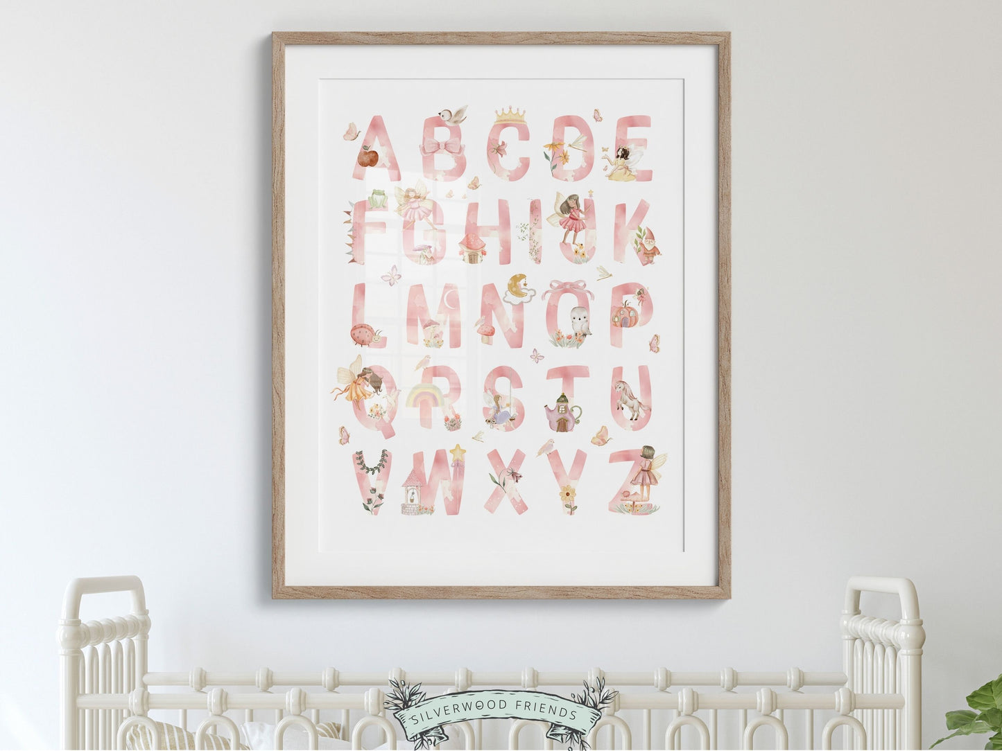 Fairy alphabet print featuring beautiful watercolor fairies and fairyland elements. This print provides an engaging and educational experience for little learners and is perfect for your fairy nursery decor or as a unique baby shower gift.