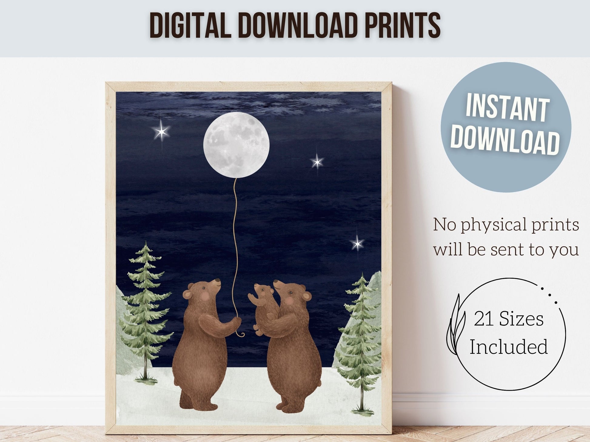 Moon Nursery Prints, Bear Nursery Decor Prints, Night Sky Navy Nursery Decor, Woodland Forest Nursery Decor, Mountain Nursery Digital Print