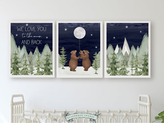 Set of 3 Bear Nursery Prints featuring a family of bears holding the moon under a starry night sky surrounded by a serene watercolour mountain and woodland forest landscape and quote, We love you to the moon and back.