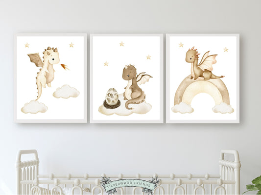 Set of 3 Baby Dragon Nursery Prints featuring beige watercolour baby dragons, will spark their imagination and create a calm and cosy atmosphere. Its perfect for your dragon nursery decor or kids fantasy theme room and also makes a unique dragon baby shower gift.