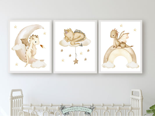 Set of 3 Baby Dragon Nursery Prints perfect for your dragon nursery decor or kids fantasy theme room and also makes a unique dragon baby shower gift.