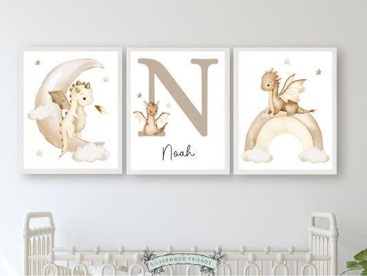 Our gorgeous Custom Baby Dragon Nursery Name Prints Set of 3 with beige watercolour dragons, rainbow, clouds and stars, is perfect for your dragon nursery decor or fantasy theme nursery and also makes a unique gender neutral baby shower gift.