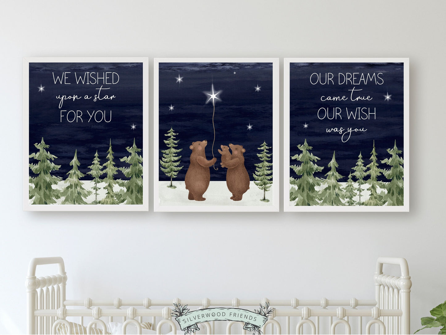 Set of 3 Bear Nursery Prints featuring a family of bears wishing upon a star under a starry night sky surrounded by a serene watercolour woodland forest landscape. Perfect for your woodland nursery decor and makes a unique gender neutral baby shower gift.