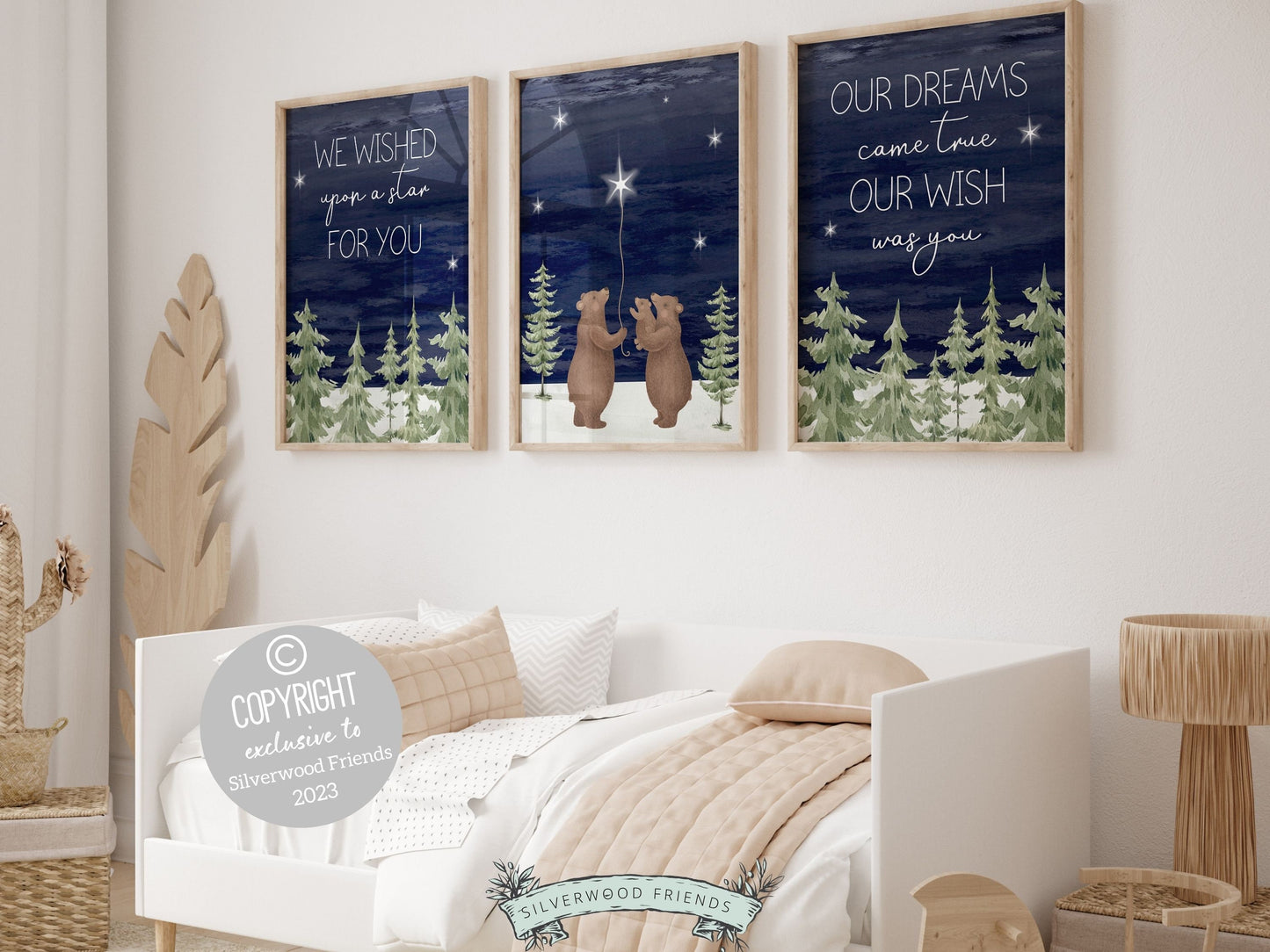 Set of 3 Bear Nursery Prints featuring a family of bears wishing upon a star under a starry night sky surrounded by a serene woodland forest landscape. Perfect for your woodland nursery decor and makes a unique gender neutral baby shower gift.