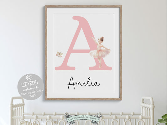 Custom Ballet Nursery Name Print adorned with a delicate butterfly and a graceful little ballerina. This custom print matches many of our BEST SELLING ballet nursery prints adding a touch of enchantment to any space.