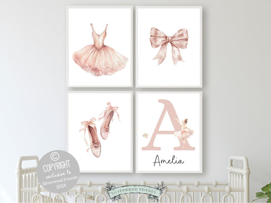 Custom Ballet Nursery Name Print Set of 4. These whimsical artworks are an ideal addition to ballet nursery decor, creating a dreamy ambiance or making for a distinctive baby girls baby shower gift that captivates the magic of twirls and tiptoes.