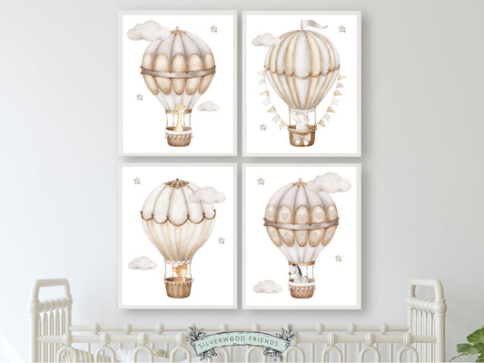 Set of 4 Hot Air Balloon Nursery Prints featuring watercolor safari animals in hot air balloons in a calming neutral color palette. Perfect for your safari nursery decor or transport nursery and also makes a unique gender neutral baby shower gift.