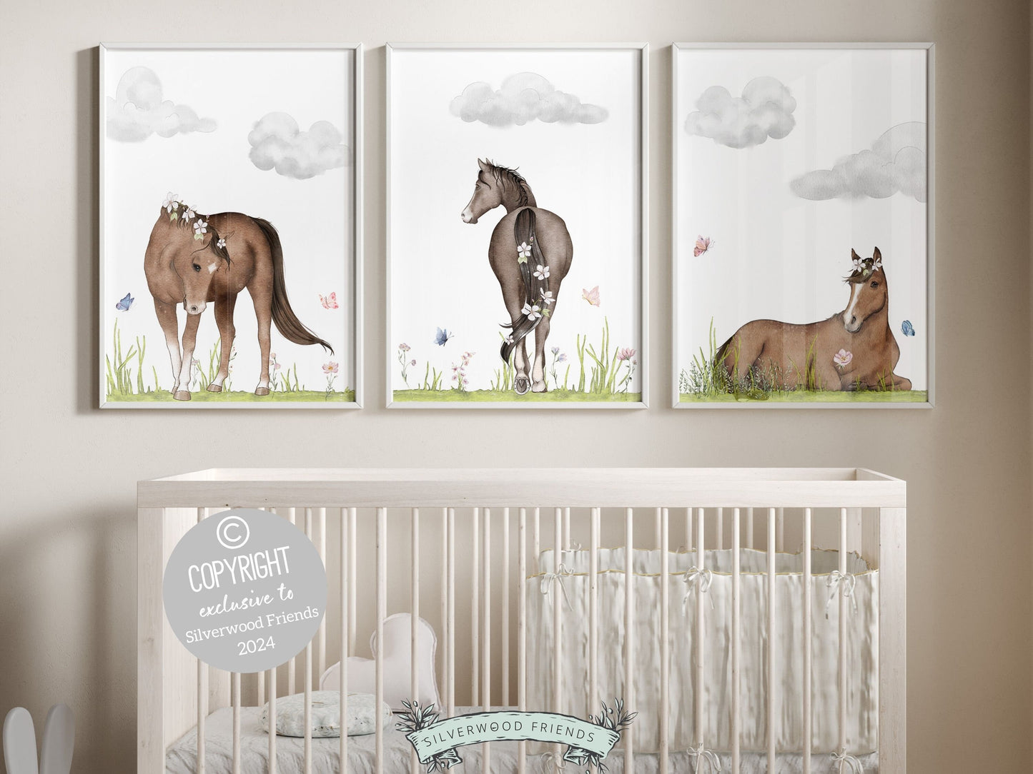 Set of 3 Horse Nursery Prints, showcasing serene watercolor scenes of horses in paddocks with beautiful wildflowers and butterflies. Ideal for your baby girls horse nursery decor or as a unique horse lovers baby shower gift or birthday gift.