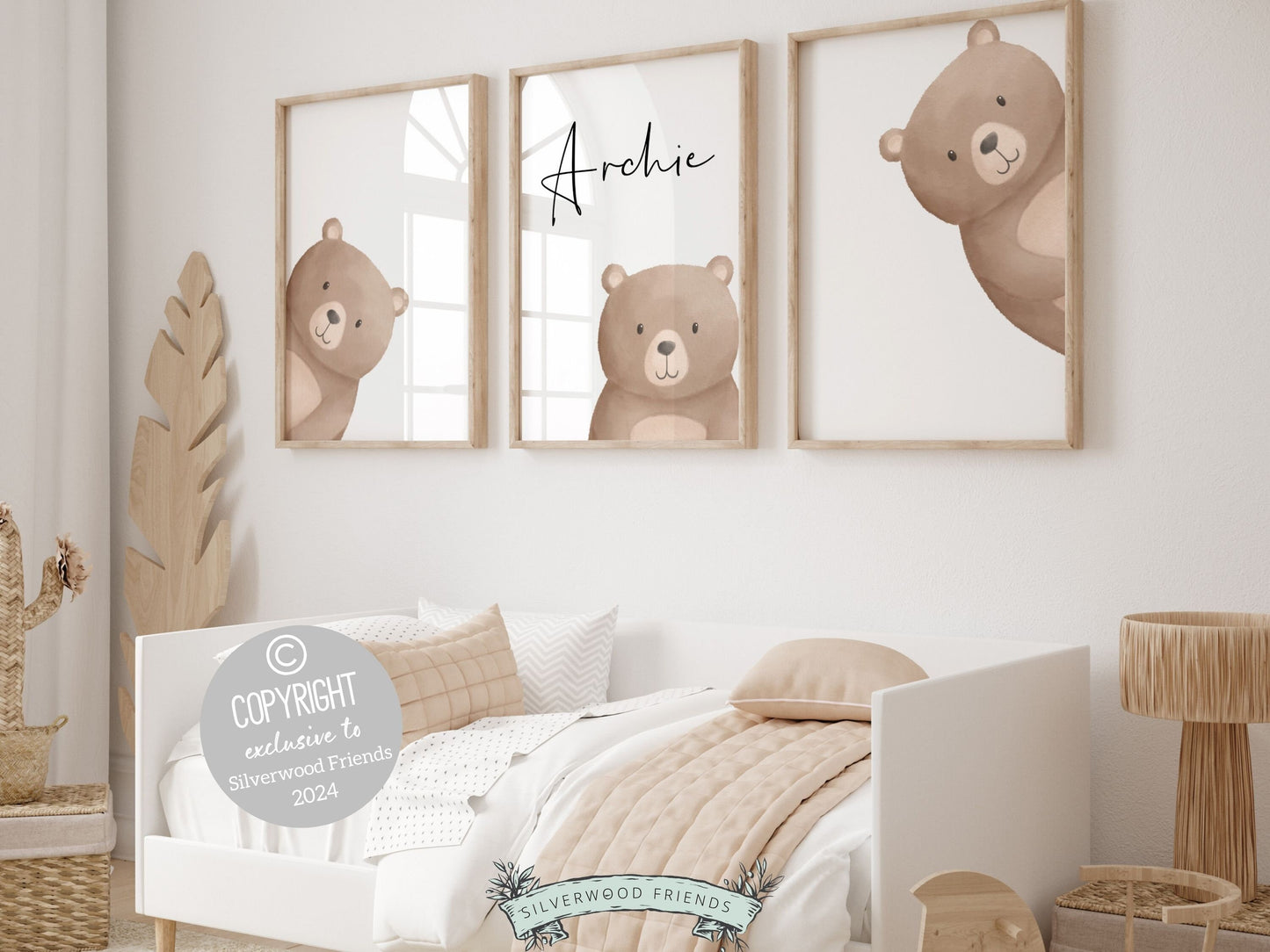 ORIGINAL Peeking Bear Nursery Print, Teddy Bear Nursery Decor, Baby Bear Nursery Wall Art, Neutral Woodland Nursery Decor Digital Name Print