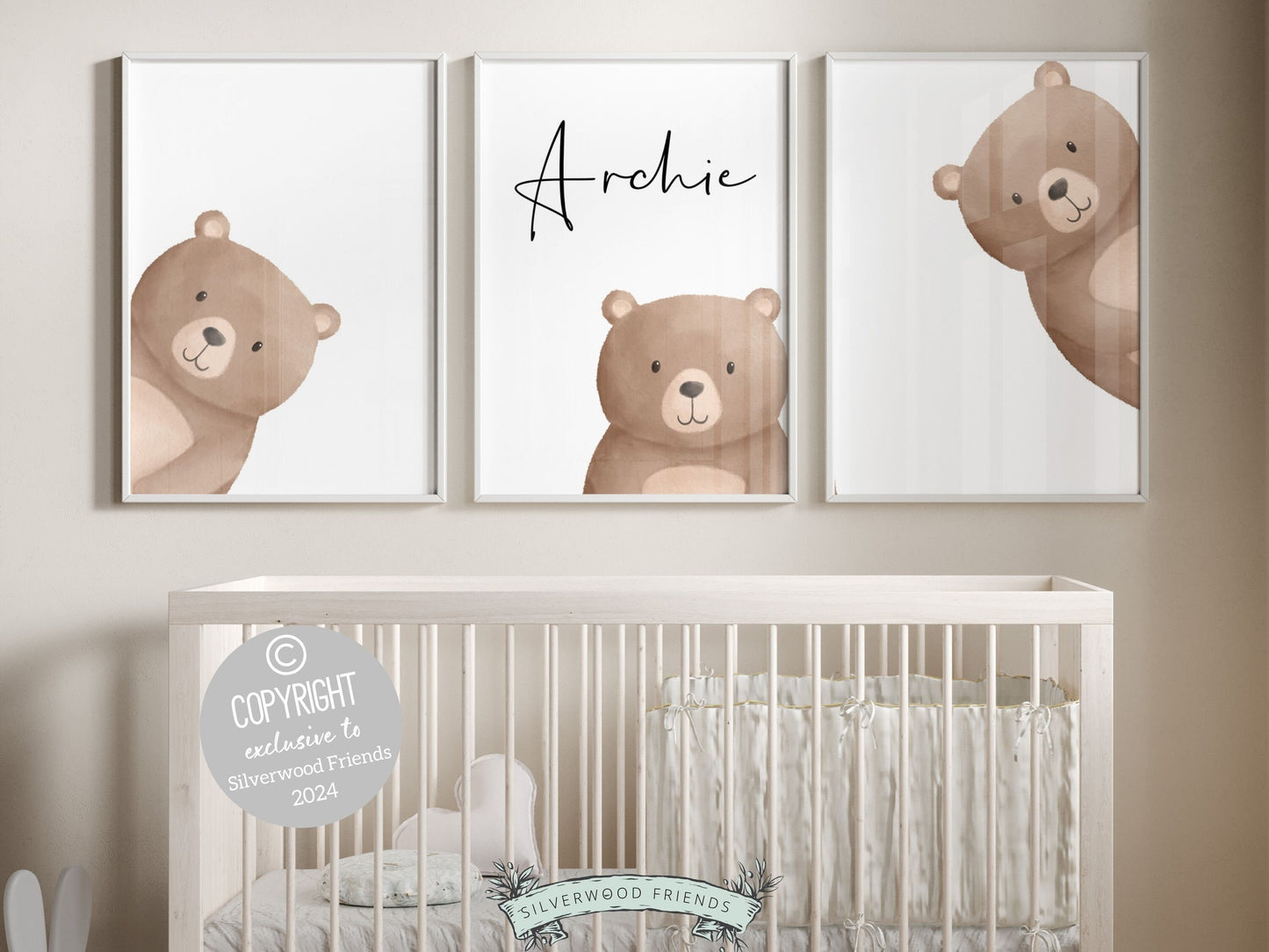 Set of 3 Peeking Bear Nursery Prints. Part of our BEST SELLING Peeking Bear Nursery Print Collection and features adorable peeking brown bears with your custom name. Perfect for bear nursery decor and makes a unique gender neutral baby shower gift.