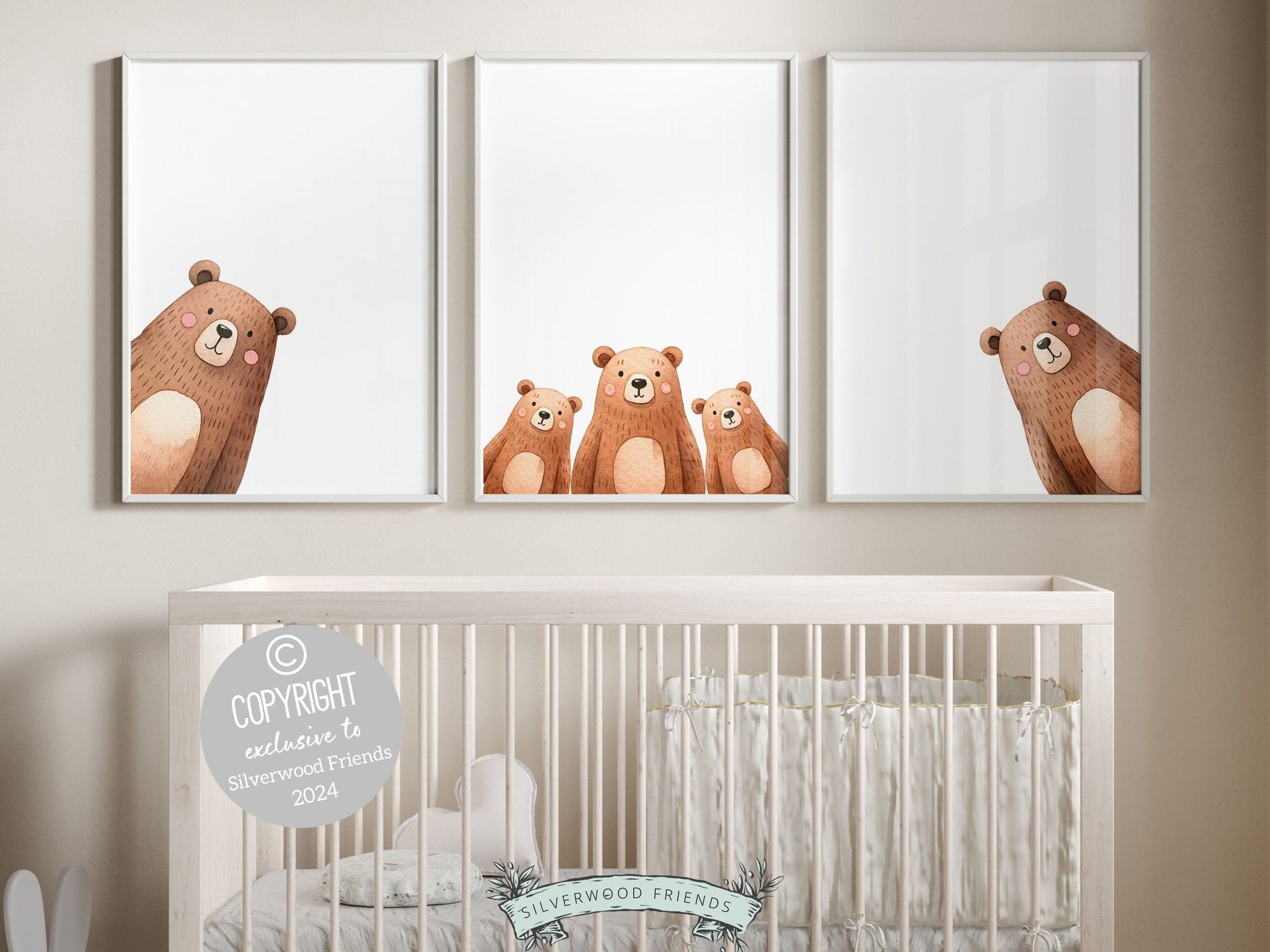 Set of 3 Peeking Bear Nursery Prints is part of our BEST SELLING Peeking Bear Nursery Print Collection and features an adorable family of peeking brown bears. Perfect for your bear nursery decor and makes a unique gender neutral baby shower gift.