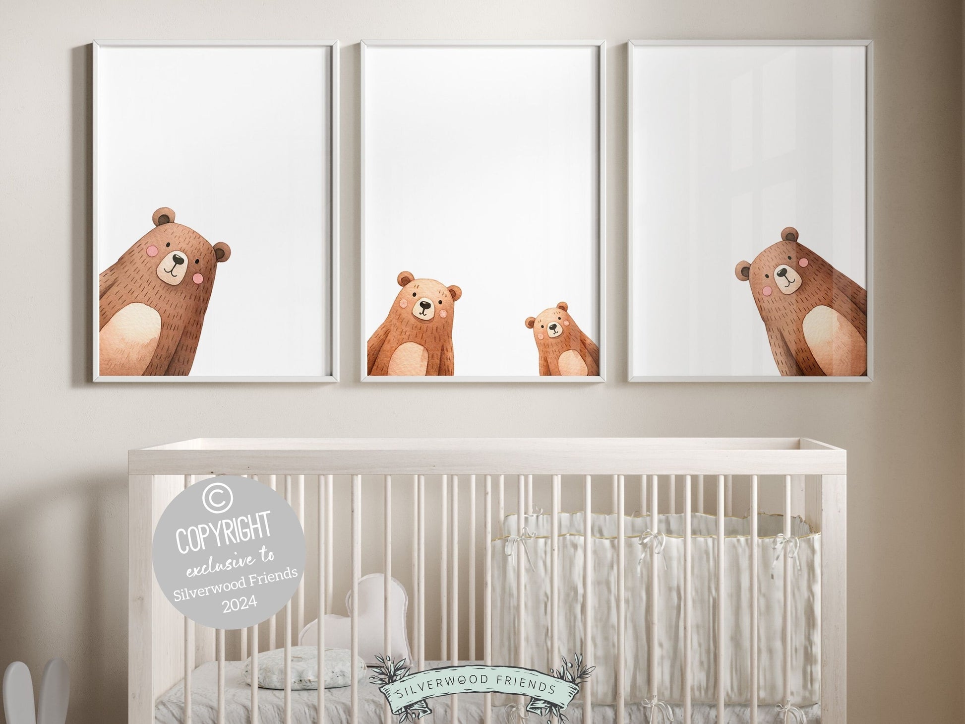 Our delightful minimalist Set of 3 Peeking Bear Nursery Prints is part of our ORIGINAL and BEST SELLING Peeking Bear Nursery Print Collection and features an adorable family of peeking brown bears.