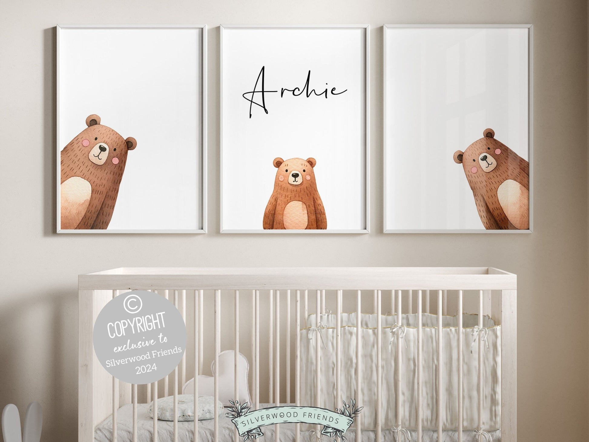 Set of 3 Peeking Bear Nursery Prints. Part of our BEST SELLING Peeking Bear Nursery Print Collection and features adorable peeking brown bears with your custom name. Perfect for your woodland nursery and makes a unique gender neutral baby shower gift