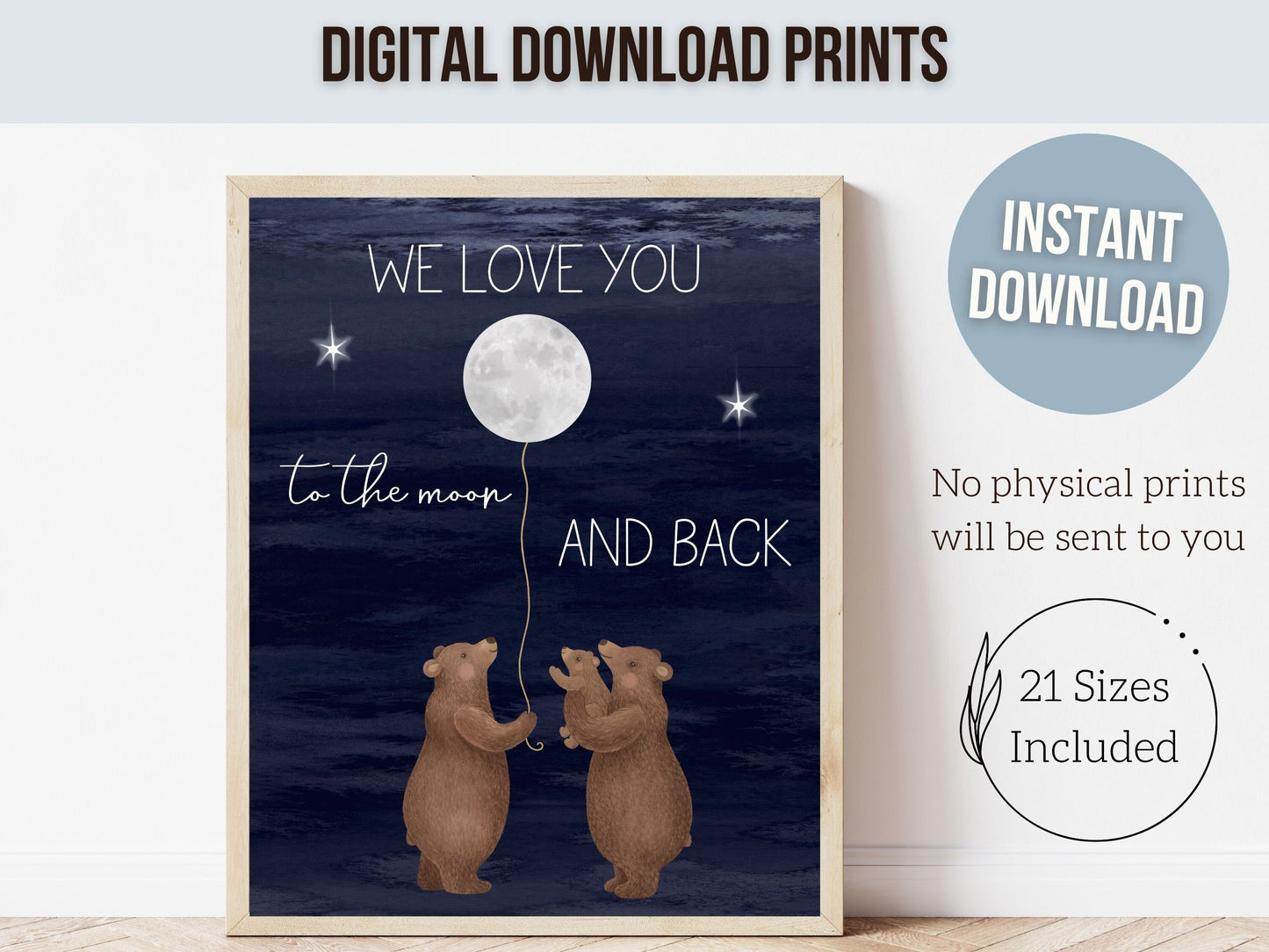 Bear Nursery Print, Woodland Bear Nursery Decor, Bear Baby Shower Gift, We Love You To The Moon And Back, Night Sky Nursery Digital Print