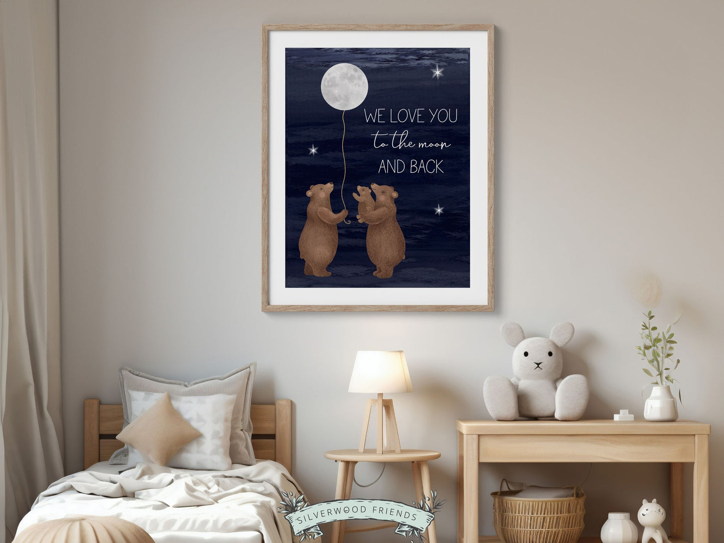 ORIGINAL Bear Nursery Print, Woodland Bear Nursery Decor, We Love You To The Moon And Back,Navy Blue Night Sky Neutral Nursery Digital Print