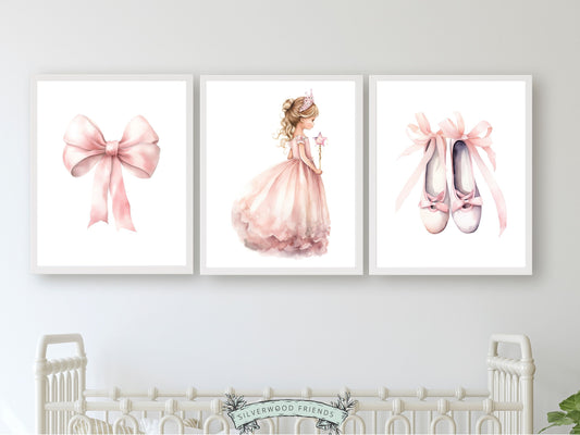 Set of 3 Princess Ballet Nursery Prints, showcasing a whimsical princess ballerina, delicate bow, and dainty ballet slippers.