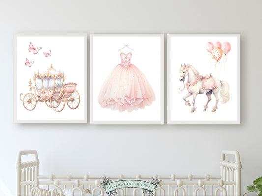 Set of 3 Princess Nursery Prints, featuring a whimsical princess dress, majestic carriage with butterflies, gallant horse and balloons. Perfect for a princess themed bedroom