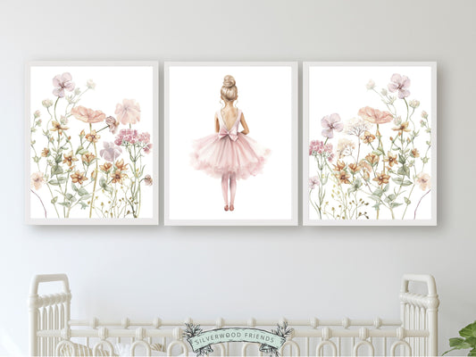 Elevate your baby girl's nursery with our Set of 3 Ballet Wildflower Nursery Prints, showcasing a delicate ballerina and enchanting wildflowers.