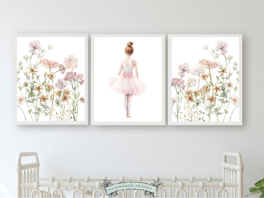 Baby Girls Ballet Nursery Prints, Ballerina Wildflower Nursery Decor, Floral Nursery Wall Art, Wild Flower Girl Bedroom Decor Digital Print