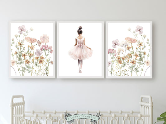 Baby Girl's Ballet Nursery Prints, African American Ballerina Wildflower Nursery Decor, Nursery Wall Art, Floral Bedroom Decor Digital Print