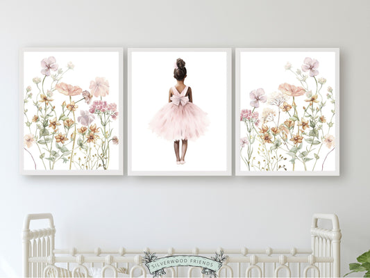 Baby Girl's Ballet Nursery Prints, African American Ballerina Wildflower Nursery Decor, Nursery Wall Art, Floral Bedroom Decor Digital Print