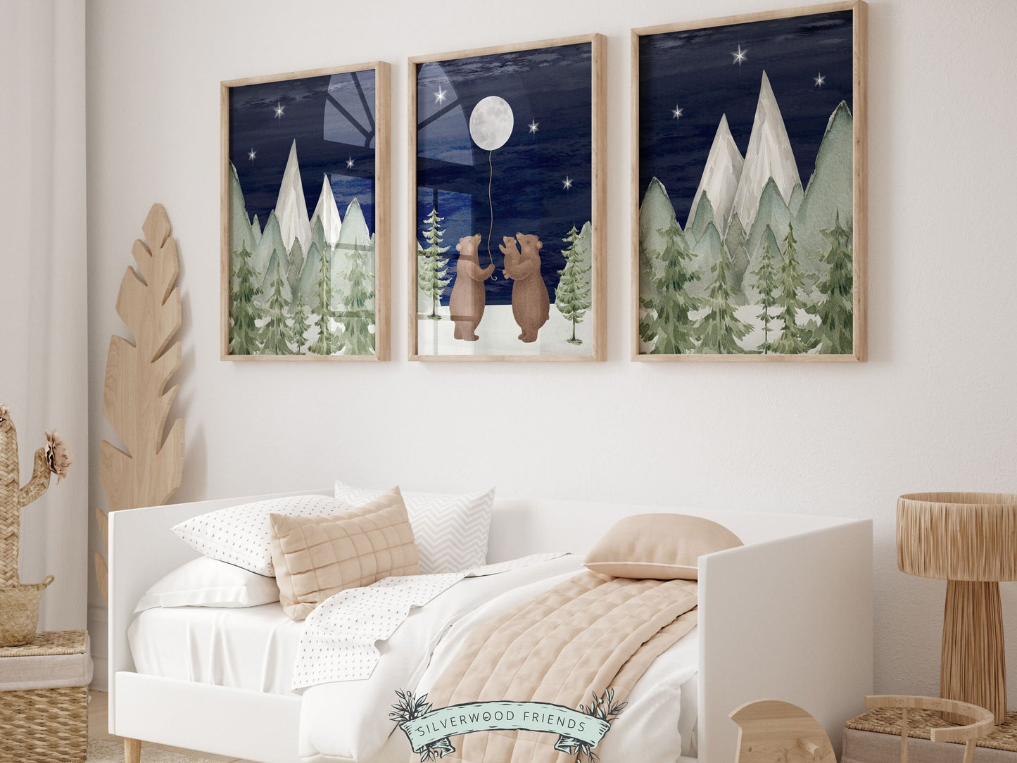 Moon Nursery Prints, Bear Nursery Decor Prints, Night Sky Navy Nursery Decor, Woodland Forest Nursery Decor, Mountain Nursery Digital Print