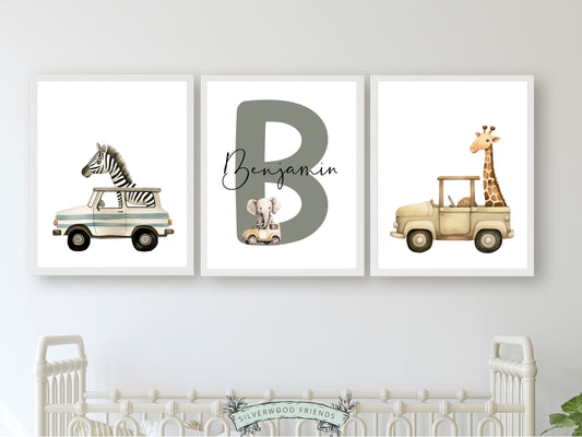 Safari Animal Car Nursery Prints, Jungle Animal Car Nursery Decor, Boys Toddler Transport Truck Room Safari Car Nursery Decor Digital Prints