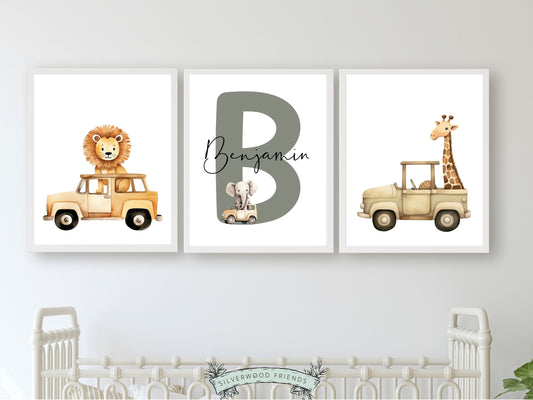 Safari Animal Car Nursery Prints, Jungle Animal Car Nursery Decor, Boys Toddler Transport Truck Room Safari Car Nursery Decor Digital Prints