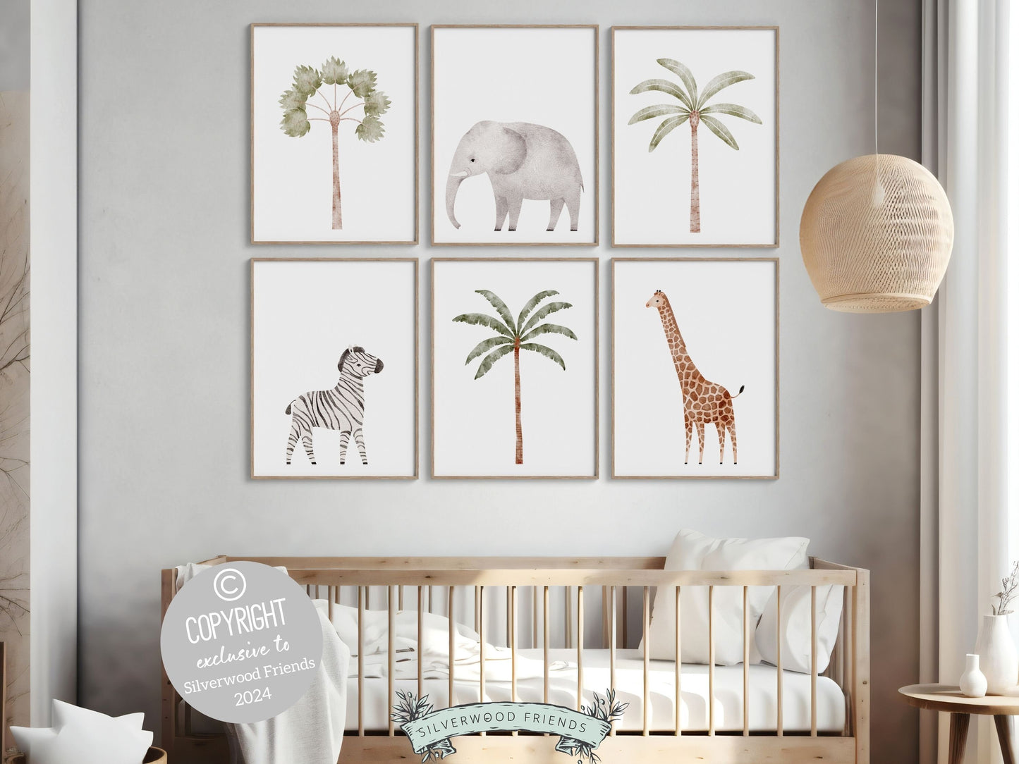 Set of 6 Tropical Plant Prints showcasing palm trees with elephant, zebra and giraffe in muted watercolors. Perfect for safari nursery decor or coastal theme home decor. Ideal as a baby shower gift or a thoughtful housewarming gift for plant lovers.