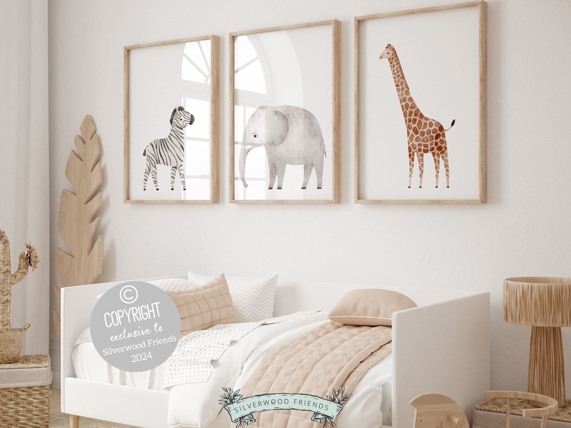 Set of 3 Safari Animal Prints, showcasing minimalistic watercolor elephant, zebra and giraffe. Perfect for your safari nursery decor or tropical home decor. Ideal as a neutral safari baby shower gift or as a thoughtful housewarming gift.