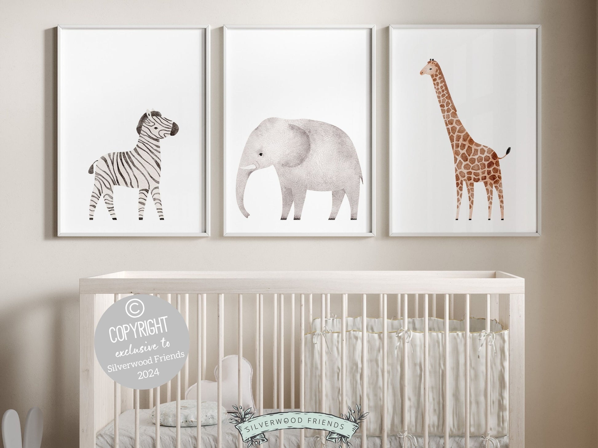 Set of 3 Safari Animal Prints, showcasing minimalistic watercolor elephant, zebra and giraffe. Perfect for your safari nursery decor or tropical home decor. Ideal as a neutral safari baby shower gift or as a thoughtful housewarming gift.