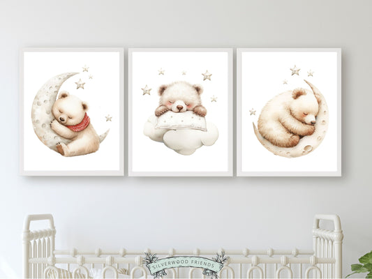 ORIGINAL Teddy Bear Nursery Print, Teddy Bear Nursery Decor, Gender Neutral White Polar Bear Nursery Wall Art, Sleeping Animal Digital Print