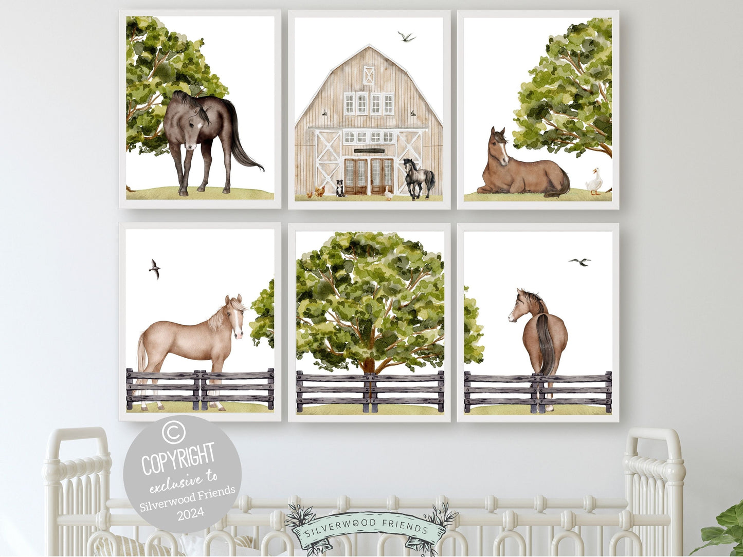 Transform your nursery into an equestrian paradise with our Set of 6 Horse Nursery Prints showcasing serene watercolor scenes of horses in paddocks accompanied by charming farm animals. Ideal for cowboy themed decor or a girls horse themed nursery.