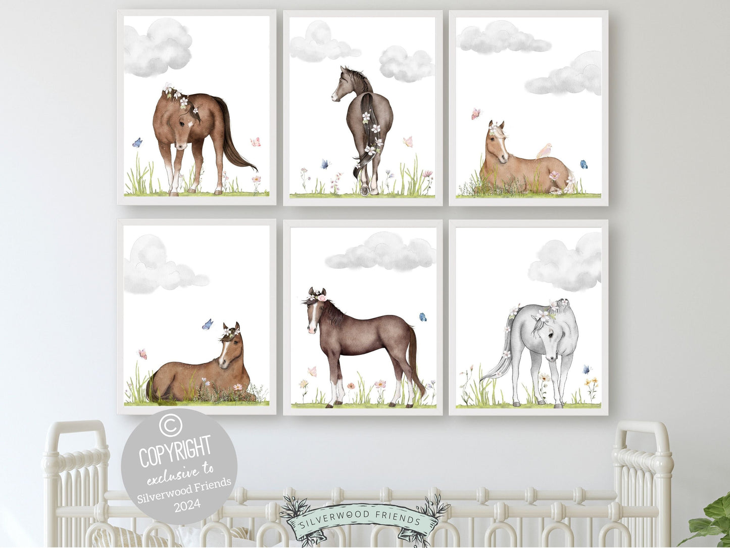 Transform your nursery or bedroom into an equestrian paradise with our Set of 6 Horse Nursery Prints, showcasing serene watercolor scenes of horses in paddocks. Ideal for both cowboy themed bedroom decor or a baby girls horse themed nursery.