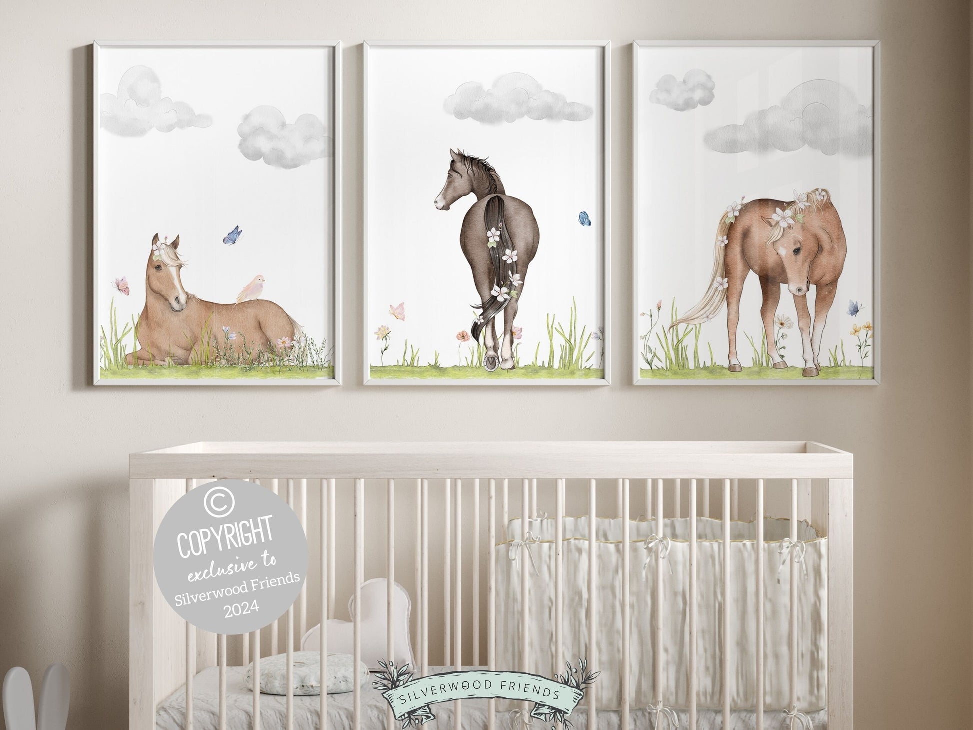 Set of 3 Horse Nursery Prints, showcasing serene watercolor scenes of horses in paddocks with beautiful wildflowers and butterflies. Ideal for your baby girls horse nursery decor or as a unique horse lovers baby shower gift or birthday gift.