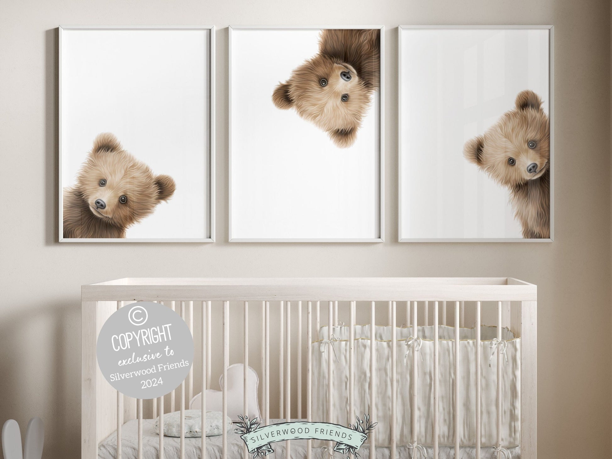 Set of 3 Peeking Bear Nursery Prints is part of our ORIGINAL and BEST SELLING Peeking Bear Nursery Print Collection and features adorable peeking brown bears. Perfect for your bear nursery decor or woodland nursery and makes a unique baby shower gift