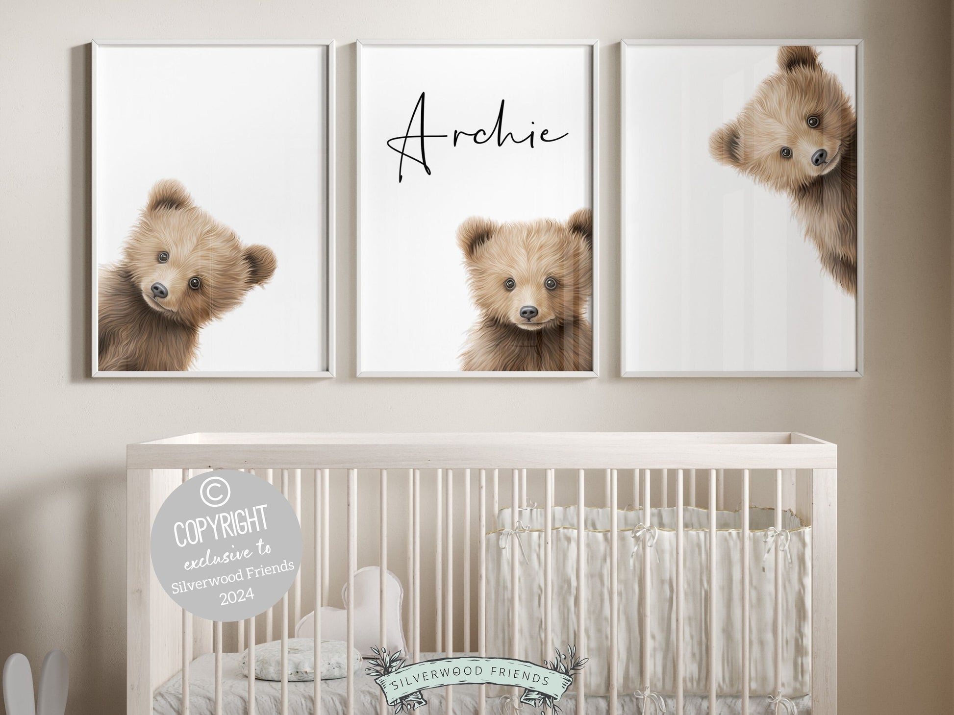 Set of 3 Peeking Bear Nursery Prints. Part of our ORIGINAL and BEST SELLING Peeking Bear Nursery Print Collection and features adorable peeking brown bears with your custom name. Perfect for your bear nursery decor and as a baby shower gift.