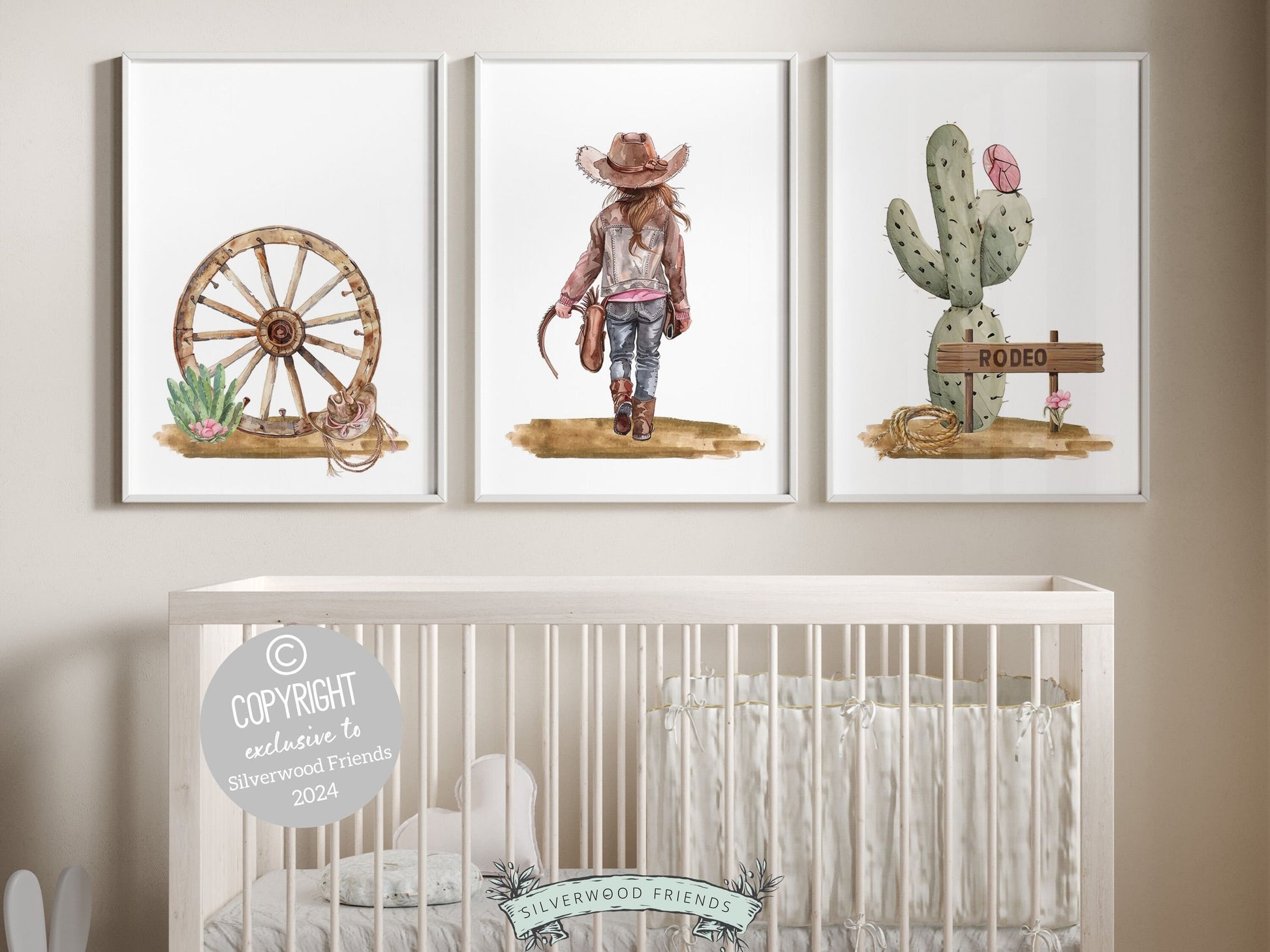 Set of 3 Cowgirl Nursery Prints evoking the enchantment of the wild west. These delightful artworks blend rustic appeal into your cowgirl themed decor, perfect for your little ones space or as a heartfelt baby shower gift for horse riding enthusiasts